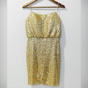 Christina Wu Gold Sequins Sheath Mini Dress Spaghetti Straps Size 8 EUC